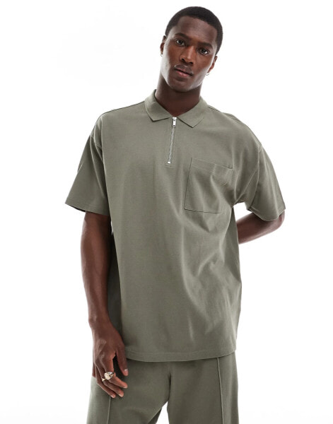 New Look 1/4 zip pique polo shirt co-ord in khaki