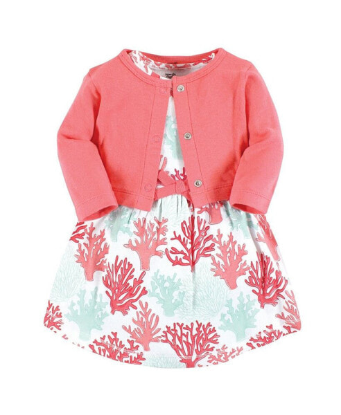 Baby Girls Organic Cotton Dress and Cardigan, Coral Reef