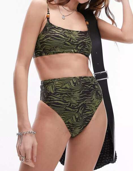 Topshop mix and match cami bikini top with beads in abstract khaki animal print