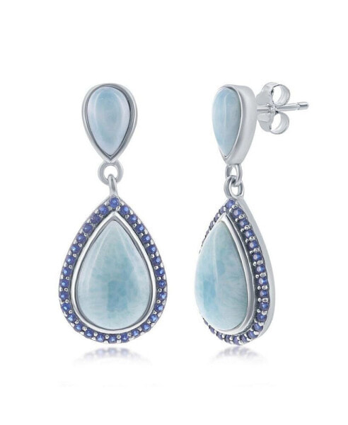 Sterling Silver Double Pear-Shaped Larimar and Sapphire CZ Earrings