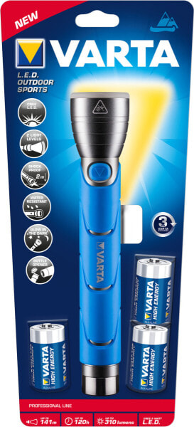 Varta 18629101421, Hand flashlight, Black,Blue, Aluminium, IPX4, LED, 1 lamp(s)