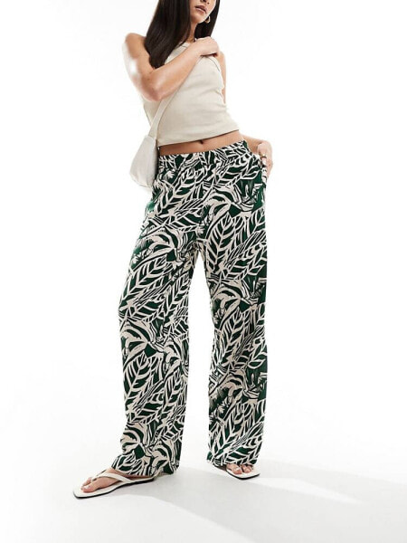 JDY wide leg pull on trouser in beige with tropical print