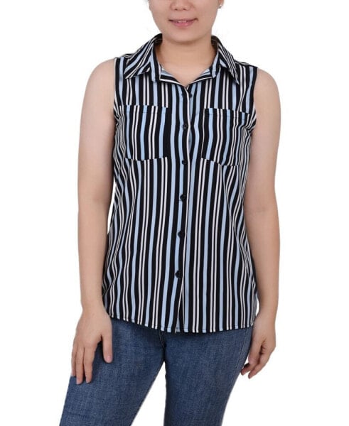 Women's Petite Sleeveless Notch Collar Button Front Blouse