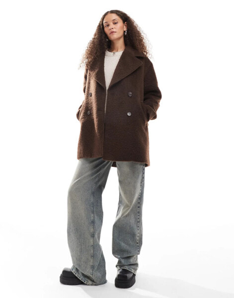 Monki brushed fur double breasted coat in brown