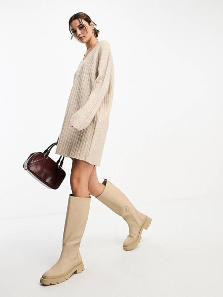 ASOS DESIGN knitted jumper mini dress with v neck in oatmeal