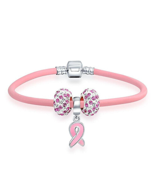 Support Breast Cancer Survivor Crystal Pink Ribbon Multi European Bead Charm Genuine Pink Leather Bracelet Sterling Silver Barrel Clasp 7 Inch