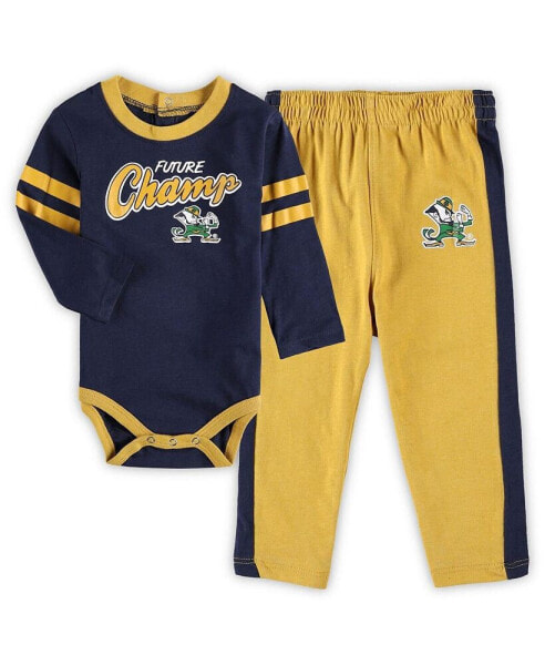 Newborn and Infant Boys and Girls Navy, Gold Notre Dame Fighting Irish Little Kicker Long Sleeve Bodysuit and Sweatpants Set