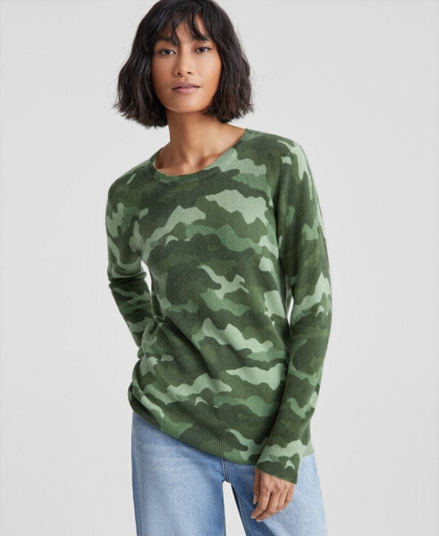 Women's 100% Cashmere Camo-Print Crewneck Sweater, Created for Macy's