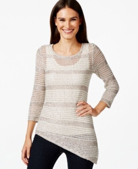 Inc International Concepts Women Crochet sequin Asymmetrical Sweater Neutral L