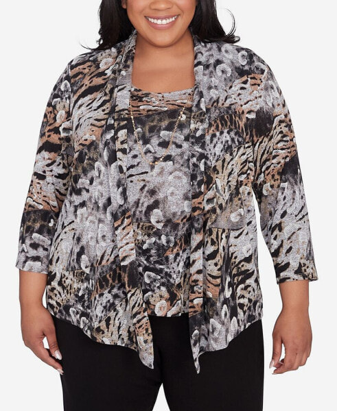 Plus Size Classic Animal Melange Two In One Top With Necklace