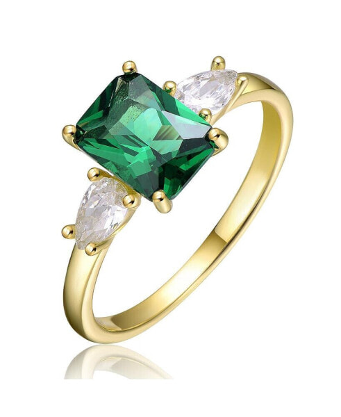 Sterling Silver 14k Yellow Gold Plated with Emerald & Cubic Zirconia 3-Stone Engagement Anniversary Ring