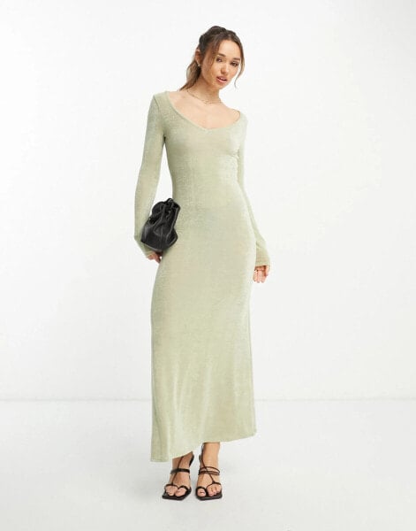 ASOS DESIGN v neck long sleeve maxi dress in sage