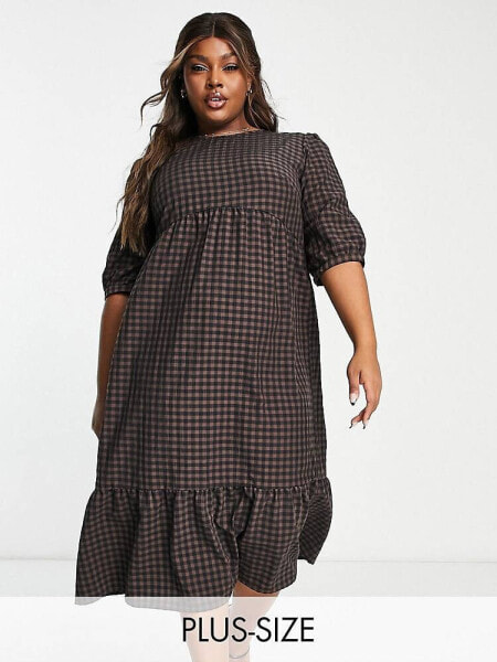 Nobody's Child Plus Rachel puff sleeve midi smock dress in brown check