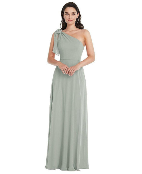 Womens Draped One-Shoulder Maxi Dress with Scarf Bow