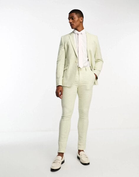 ASOS DESIGN super skinny suit trouser in linen mix in puppytooth check in green