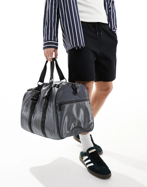 ASOS DESIGN shiny nylon holdall bag in charcoal