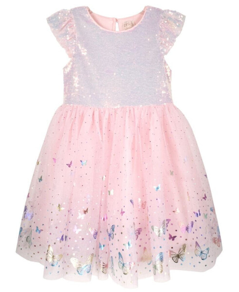 Toddler Girls Sequin Flutter Sleeve and Printed Foil Butterfly Border Dress