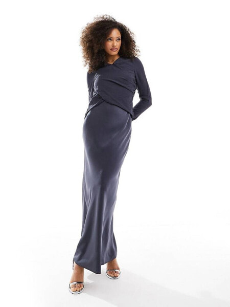 ASOS DESIGN satin mix cross front maxi dress with ruched detail in charcoal grey