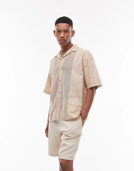 Topman short sleeve relaxed revere woven panel shirt in stone