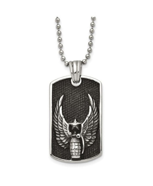 Antiqued Black IP-plated Grenade Wings Dog Tag Ball Chain