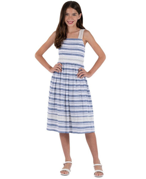 Big Girls Sleeveless Striped Denim Cotton Midi Dress