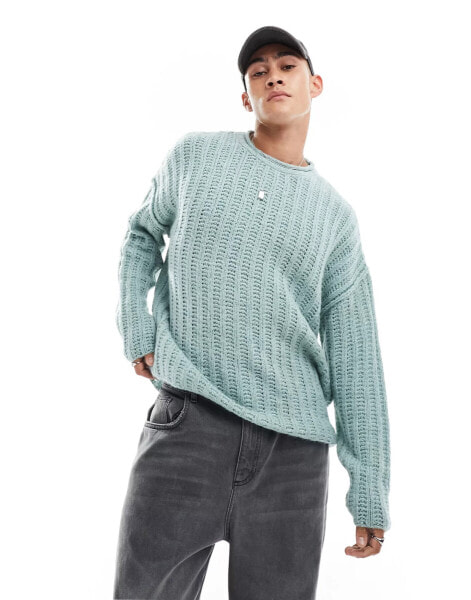 ASOS DESIGN oversized open knit brushed rib jumper in blue