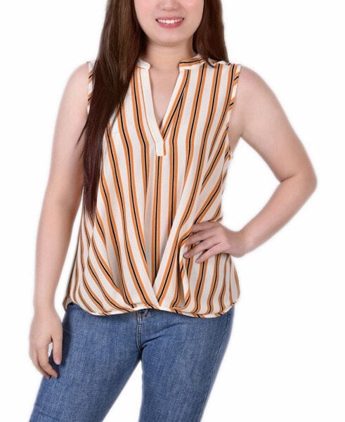 Petite Size Sleeveless Y-neck Pleated Hem Blouse