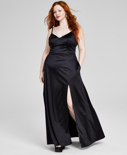 Trendy Plus Size Strappy Rhinestone Lace-Up-Back Gown