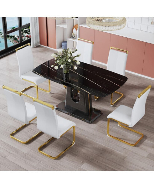 Modern Black Marble Dining Table Set with 6 Gold Leg Chairs