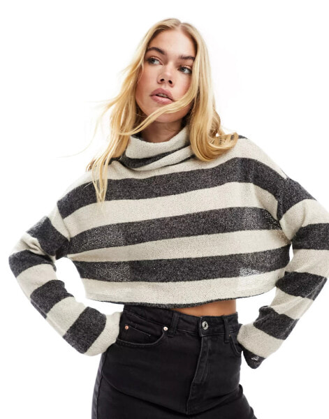 Pull&Bear cropped striped long sleeved top in grey