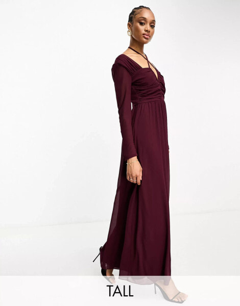 TFNC Tall halter neck long sleeve maxi dress with cut out details in plum