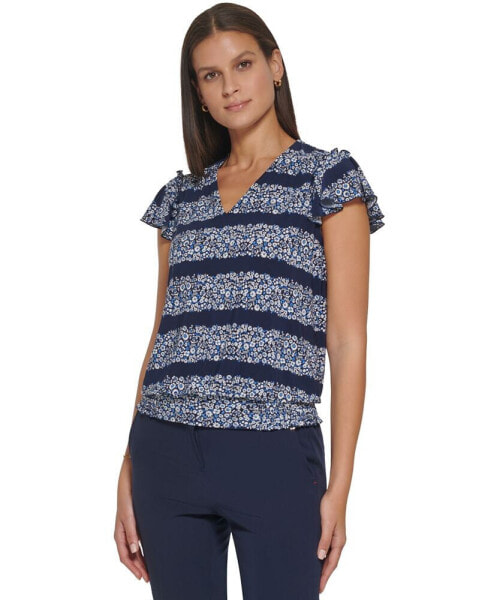 Women's Printed V-Neck Flutter-Sleeve Top