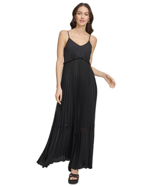 Women's Solid Tiered Pleated Sleeveless Mesh Maxi Dress