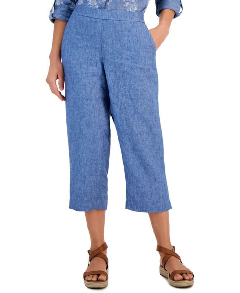 Women's 100% Linen Solid Cropped Pull-On Pants, Created for Macy's