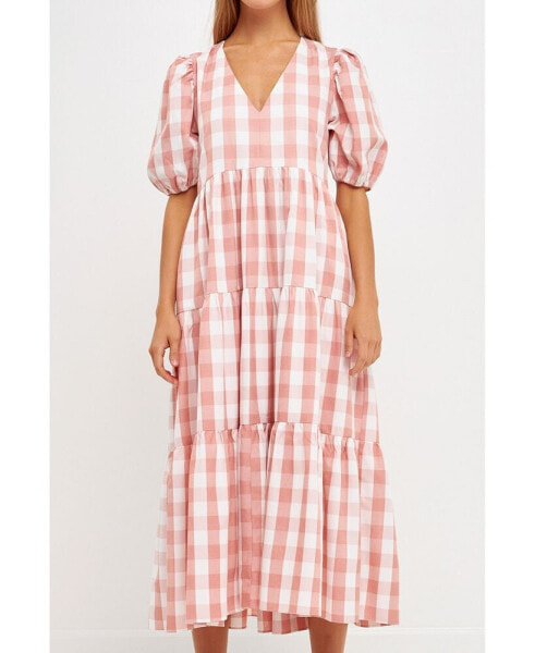 Women's Gingham Puff Sleeve Tiered Midi