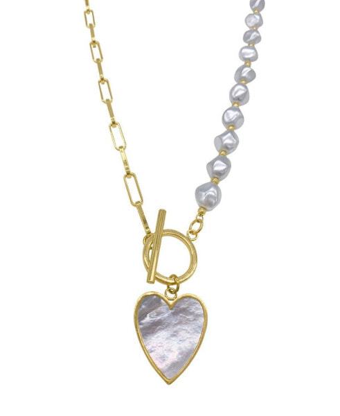 Imitation Pearl and Chain Heart Toggle Necklace