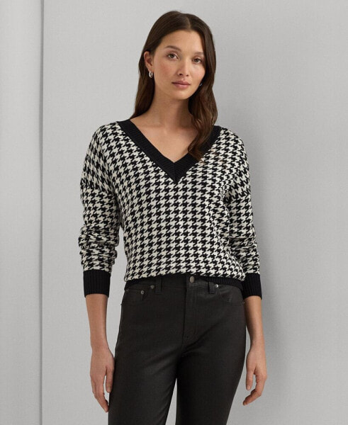 Women's Houndstooth V-Neck Sweater, Regular and Petite