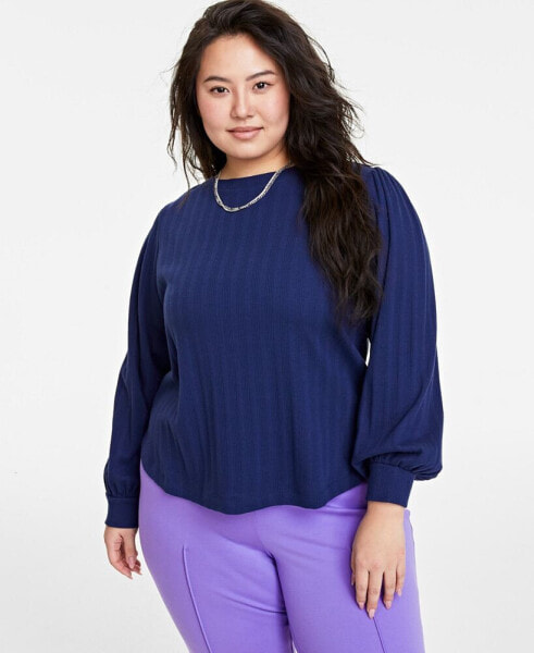 Plus Size Pointelle-Rib Long-Sleeve Top, Created for Macy's