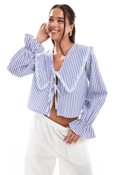 ASOS DESIGN oversized collar tie front blouse in blue stripe