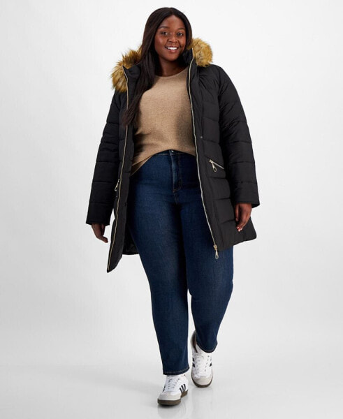 Plus-Size Belted Faux-Fur-Hooded Puffer Coat