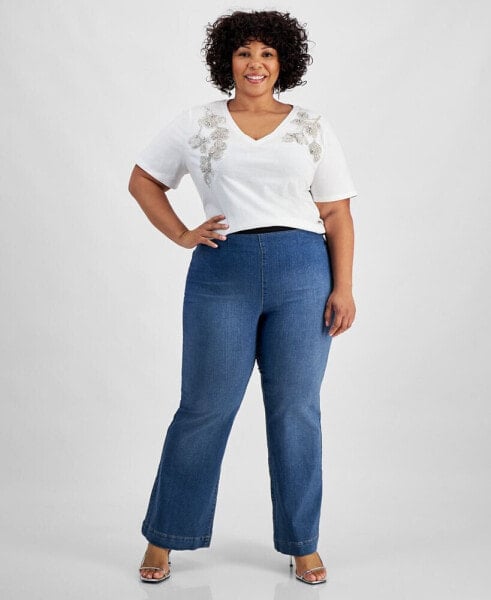 Plus Size High-Rise Pull-On Flare-Leg Jeans, Created for Macy's