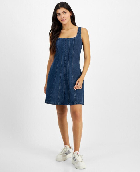 Juniors' Denim Seamed Fit & Flare Dress