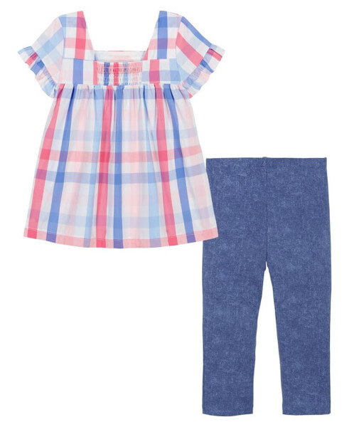 Little Girls Short Sleeve Plaid A-Line Tunic Top and Capri Jeggings, 2 Piece Set