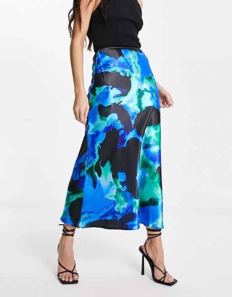 ASOS DESIGN satin bias midi skirt in blue abstract print