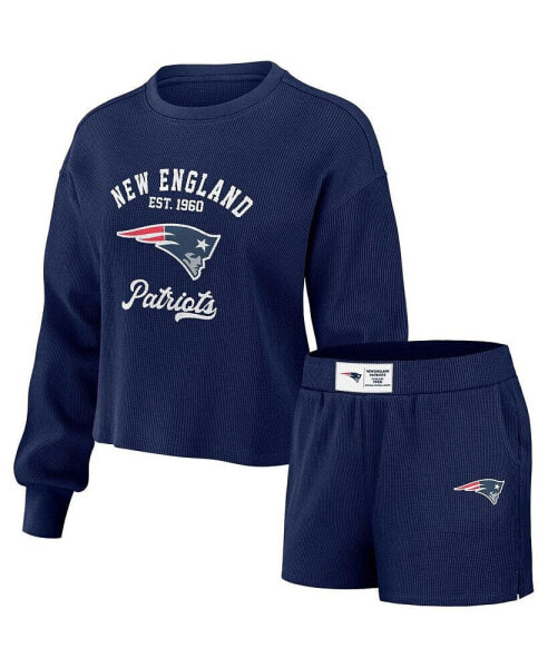 Women's Navy Distressed New England Patriots Waffle Knit Long Sleeve T-shirt and Shorts Lounge Set