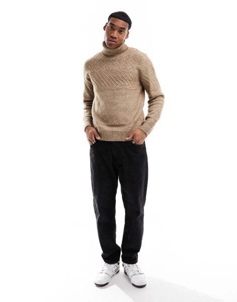 Jack & Jones texture knitted roll neck jumper in camel