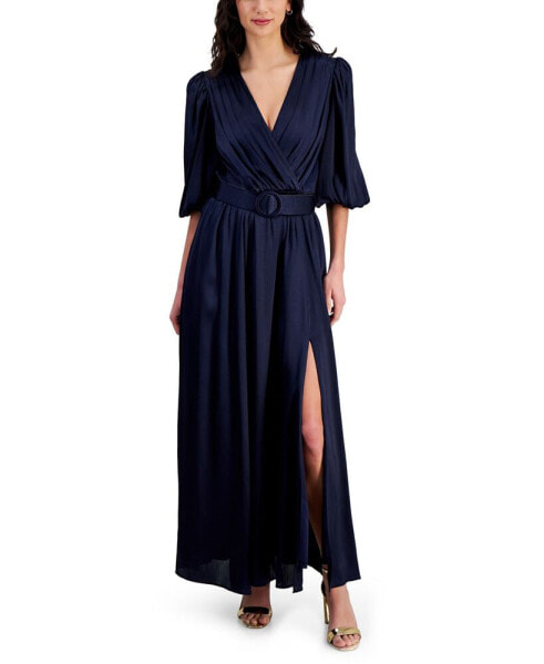 Women's Belted Satin Crinkle Crepe Dress