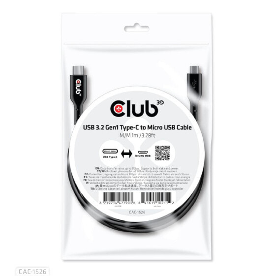 Club 3D USB 3.2 Gen1 Type-C to Micro USB Cable M/M 1m /3.28ft - 1 m - USB C - Micro-USB B - USB 3.2 Gen 1 (3.1 Gen 1) - 5000 Mbit/s - Black
