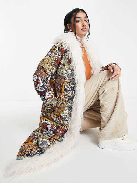 Miss Selfridge mongolian faux fur longline patchwork print puffer coat