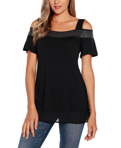 Women's Embellished Cold-Shoulder Top